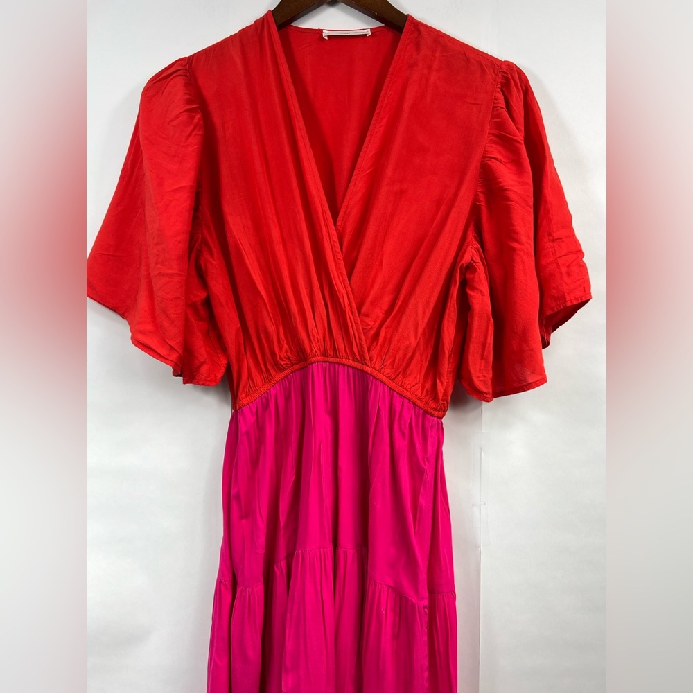 Vibrant Red and Fuchsia V-Neck Tiered Midi Dress